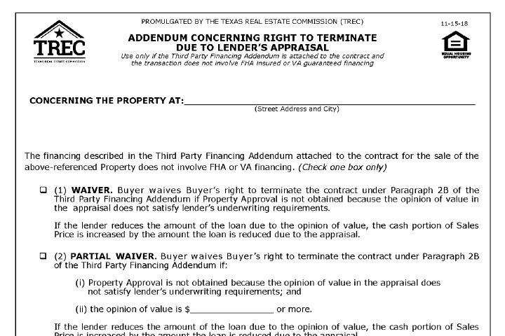 Appraisal Addendum in Texas (TREC 49-1): Waiver, Partial Waiver and the Extra Right to Terminate