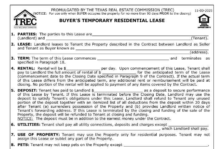 Buyer's Temporary Residential Lease in Texas (TREC 16-7): Moving In Before Closing