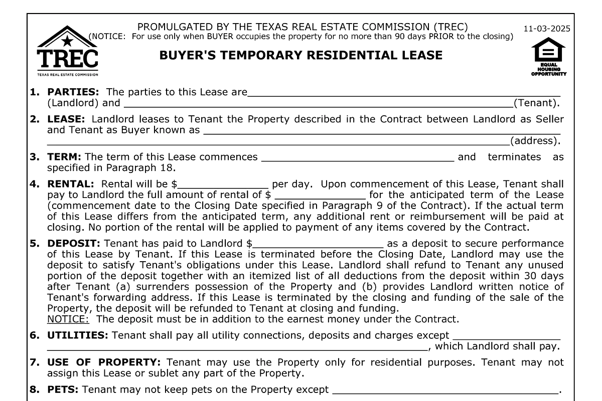 Buyer's Temporary Residential Lease in Texas (TREC 16-7): Moving In Before Closing