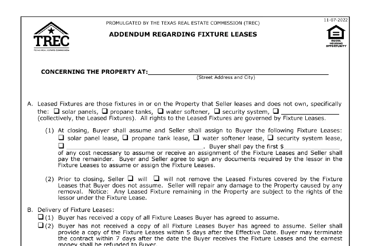 Fixture Lease Addendum in Texas (TREC 52-1): Leased Solar, Propane Tanks and Security Systems