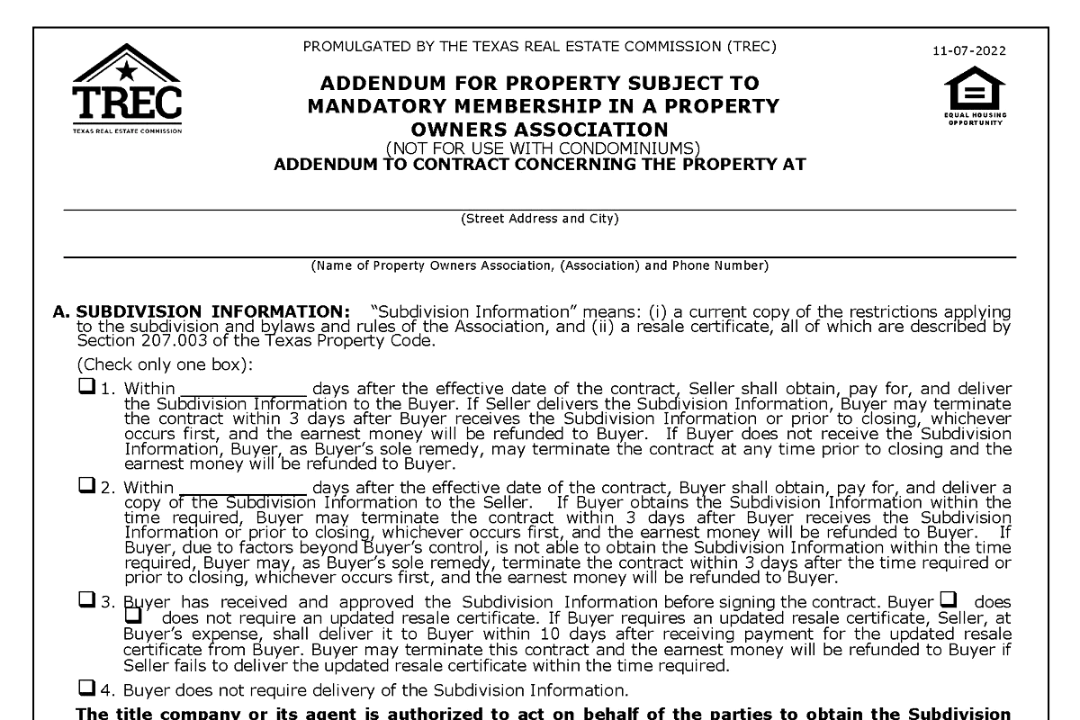 HOA Resale Certificate in Texas: The TREC 36-11 Addendum and Property Code §207.003