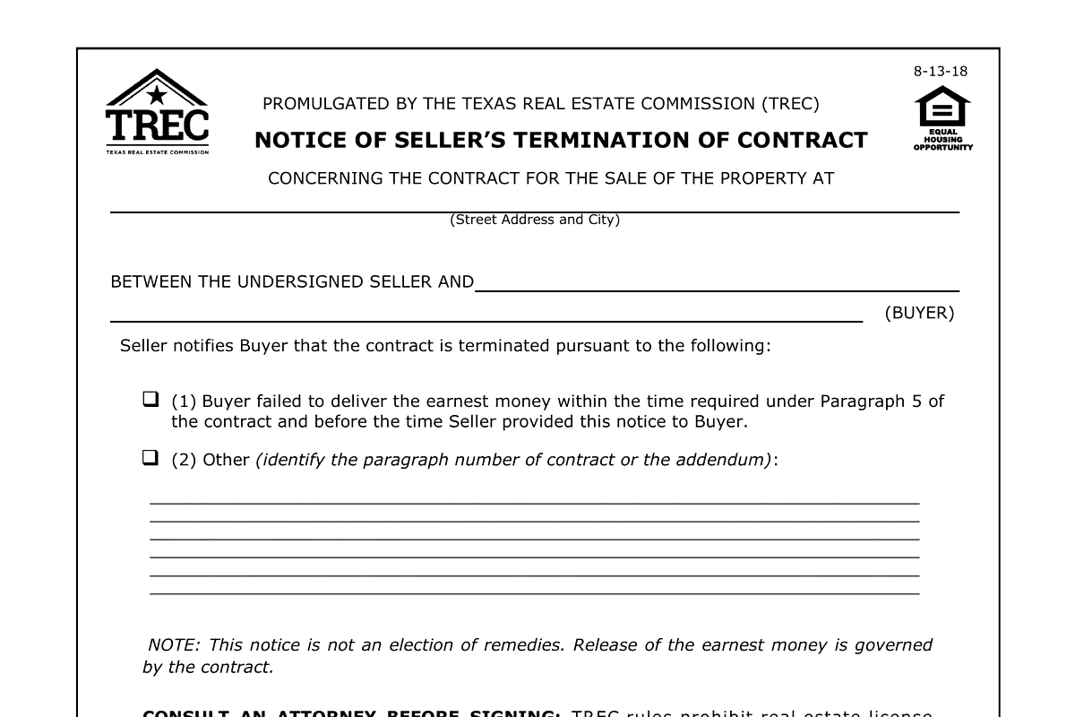 Notice of Seller's Termination of Contract in Texas (TREC 50-0): The Seller's Limited Exits