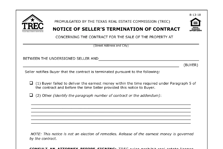 Notice of Seller's Termination of Contract in Texas (TREC 50-0): The Seller's Limited Exits