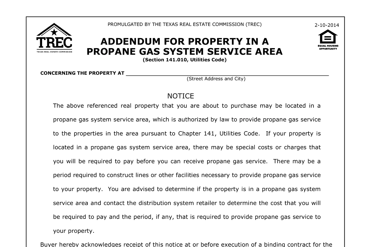 Propane Gas System Service Area Addendum in Texas (TREC 47-0)