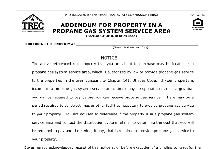Propane Gas System Service Area Addendum in Texas (TREC 47-0)