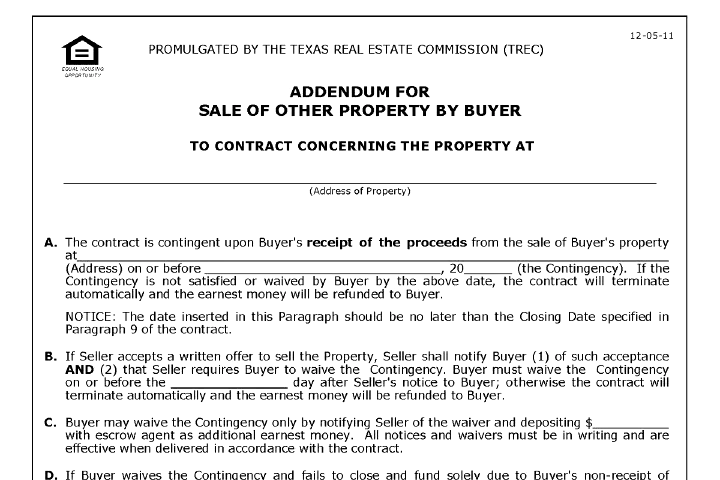 Sale of Other Property Addendum in Texas (TREC 10-6): The Contingency and the Kick-Out