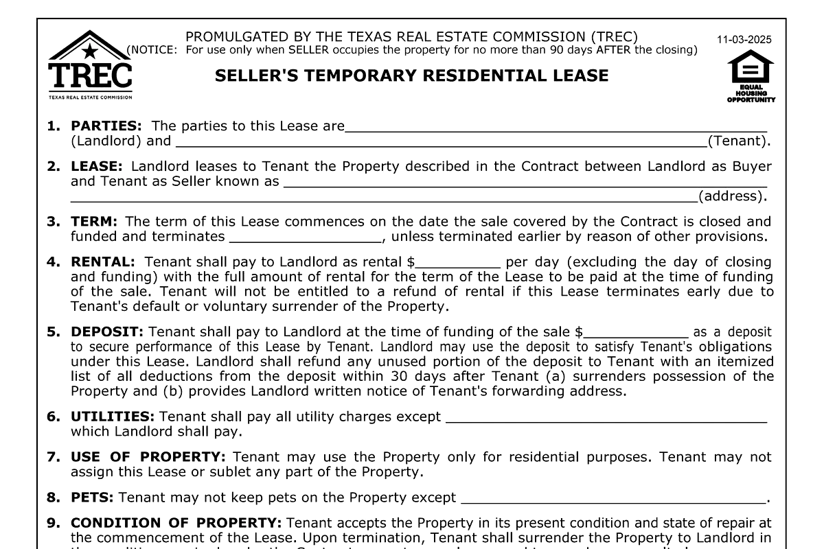 Seller's Temporary Residential Lease in Texas (TREC 15-7): The Leaseback