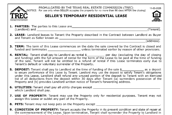 Seller's Temporary Residential Lease in Texas (TREC 15-7): The Leaseback