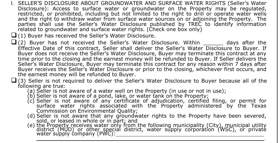TREC One to Four Family Residential Contract 20-19, Paragraph 7I: the Seller&rsquo;s Water Disclosure paragraph with its three checkboxes and the five conditions for box 3