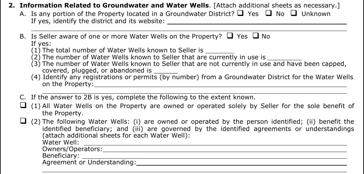 TREC 61-0 Section 2: groundwater district, number of water wells in use and capped or plugged, registrations or permits, and well ownership and agreements
