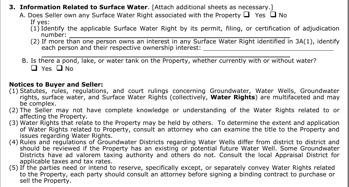 TREC 61-0 Section 3 and Notices to Buyer and Seller: surface water rights ownership, pond, lake or water tank, and five notices recommending an attorney for water rights questions