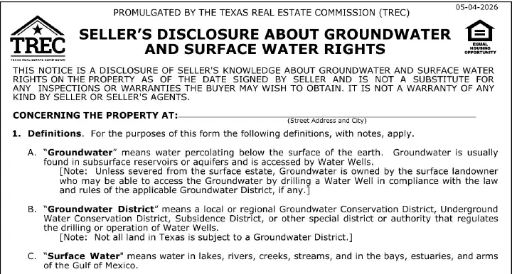 The Texas Groundwater and Surface Water Rights Disclosure (TREC 61-0)
