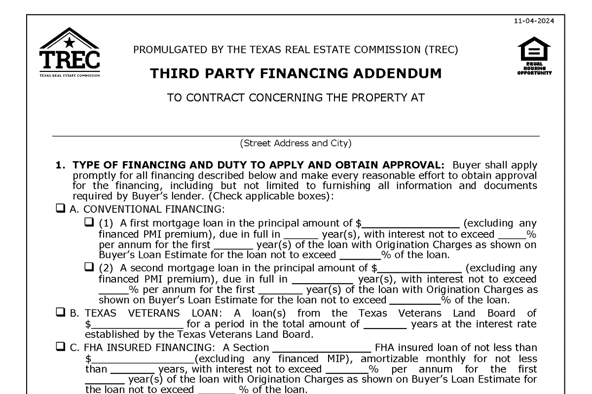 Third Party Financing Addendum in Texas (TREC 40-11): Buyer Approval, Property Approval and the Deadline
