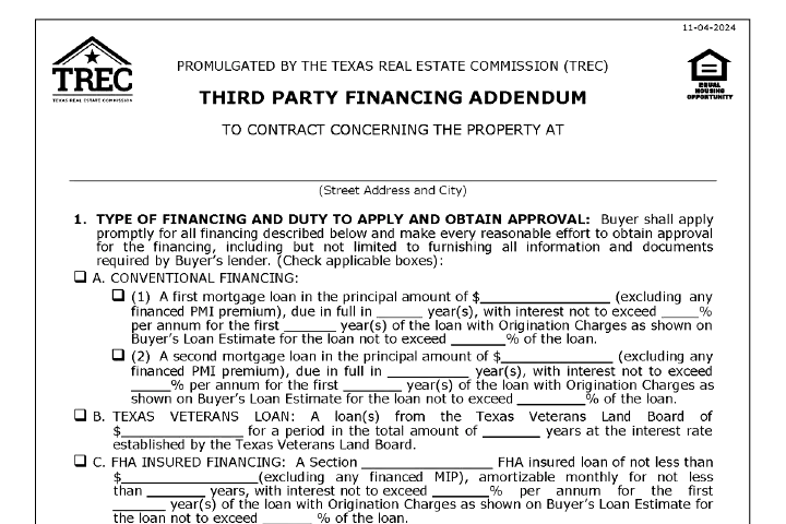 Third Party Financing Addendum in Texas (TREC 40-11): Buyer Approval, Property Approval and the Deadline