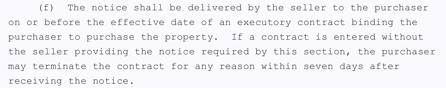 Texas Property Code §5.008(f): the seller’s disclosure notice must be delivered on or before the effective date, and a buyer who receives it late may terminate within seven days