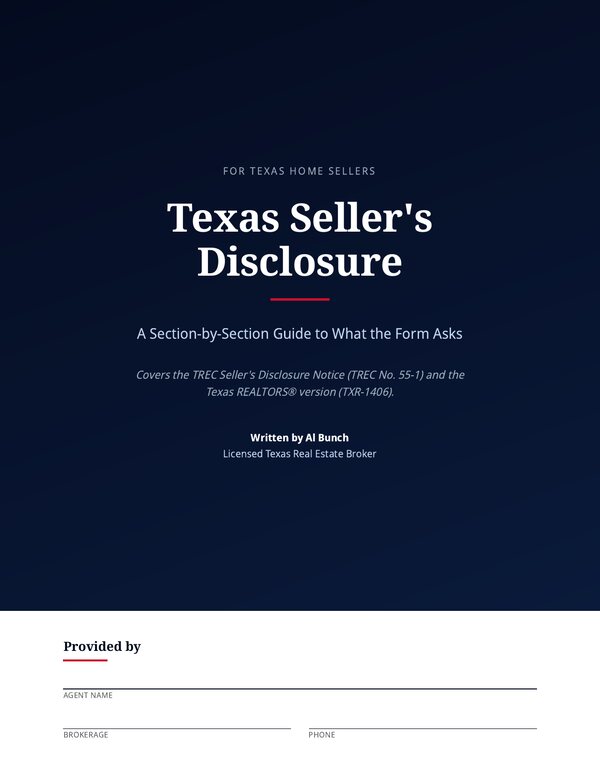 Cover of the handout, Texas Seller's Disclosure: A Section-by-Section Guide to What the Form Asks, with a blank Provided by block for the agent's name, brokerage and phone.